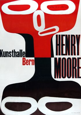 An illustrated poster for Henry Moore at Kunsthalle Berlin. The design features an abstract figure, with a red head and neck and black shoulders.