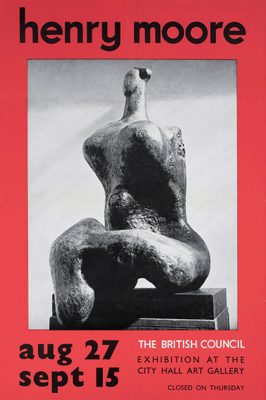 Black and white photo of an abstract figurative sculpture by Henry Moore, set on a red background. Text reads 