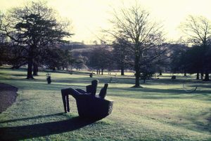 A picturesque field displaying several sculptures on mowed grass amid scattered trees.