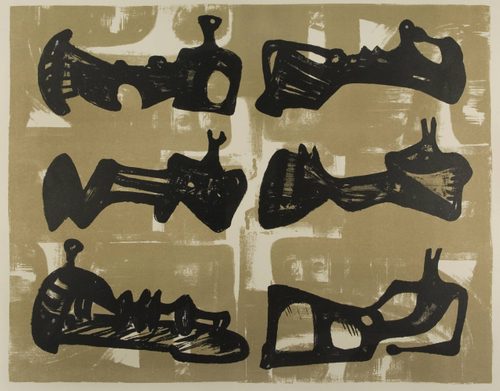 Photo of a lithographic print by Henry Moore, pictured are six abstract reclining figures in black ink. They are arranged in two columns of three against a buff coloured wash background.