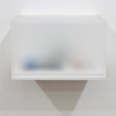 A wall-mounted display cabinet made of frosted acrylic, preventing viewers from seeing what is inside.