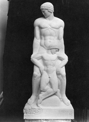 Sculpture by Alfred Hardiman of a muscular nude man, who is stood holding a limp-bodied child by the underarms.