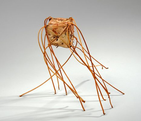 Several leaves artfully folded together to make a small box, supported by stems of the leaves.