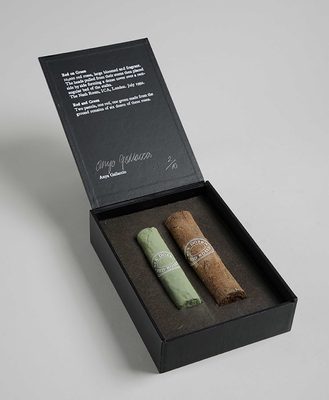 A small black box containing two sticks of colouring pastel, one red and the other green. The artwork is signed by artist Anya Gallaccio and numbered 2/10.