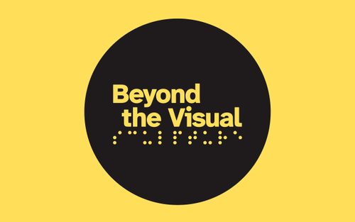 ‘Beyond the Visual’ logo in bold yellow text on a black circular background with Braille dots reading 'sculpture' below the title.