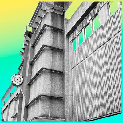 Digital collage combining a black and white photo of Kirkgate Market, a brutalist concrete building, against a bright green and yellow background.