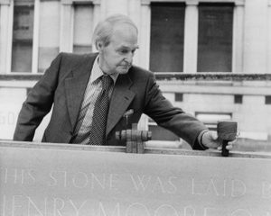 Henry Moore laying the foundation stone of the Henry Moore Sculpture Gallery at the Leeds City Art Gallery, 10th April 1980.