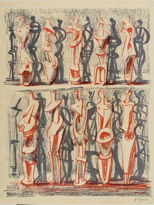 A photo of a lithograph in red and blue which depicts two rows of abstract standing figures