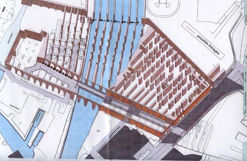 Architectural map of the passageways underneath Leeds Train Station, with the River Aire running through the middle.