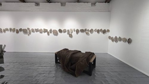 A sculpture installation in a gallery. There's a large dark shape in the foreground, which is a bed covered with a dark fur throw and there are lots of abstract pieces displayed on the walls, in earth tones.