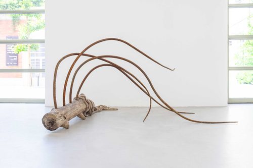 Sculpture made from a driftwood log, with four long, rusted metal spikes extending up and out from it in long, fluid curves resembling a breaking wave.