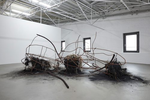 Abstract sculpture in a white gallery space. It is made from twisted, rusted metal and evokes the appearance of a structure or vehicle that has burned down.