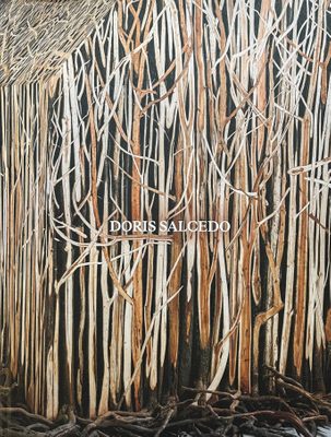 Cover of the book 'Doris Salcedo', showing many partially carved pieces of wood, stacked to appear like a forest.