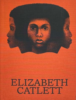 Cover of the book Elizabeth Catlett, with an image of a woman's head looking in three directions, printed in black on an orange background.