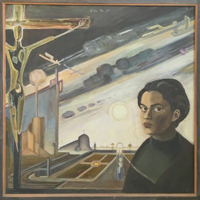 A surrealist painting showing a woman with a black top in the foreground, a crucifixion scene on the left, and a futuristic landscape with symbolic elements in the background.