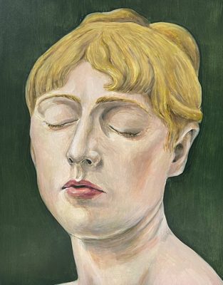 Painted portrait of a white woman with blonde hair and eyebrows, with her eyes closed and cast down. Her hair is cut to a short fringe at the front and has a slight curl to it, and looks to be tied up in a but at the back of her head.