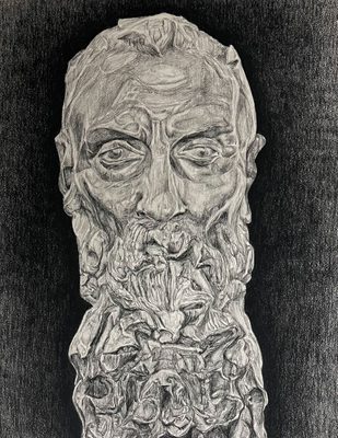Black and white pencil drawing of the head of an older man with a large, long beard.