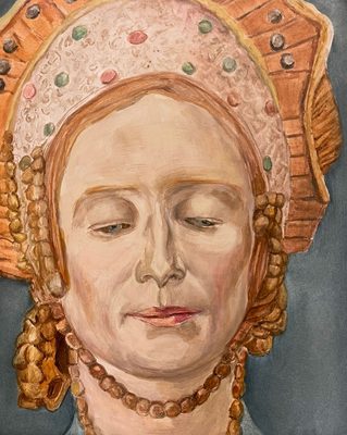 Painted portrait of a white woman with blue eyes and ginger hair and eyebrows, wearing an ornate headdress. Her eyes are cast down, looking away from the viewer.