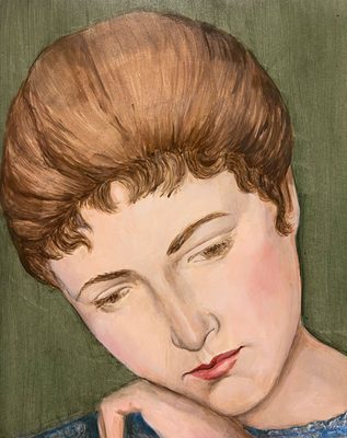 Painted portrait of a white woman with brown hair and eyebrows, with her eyes cast down and her cheek resting on one hand.