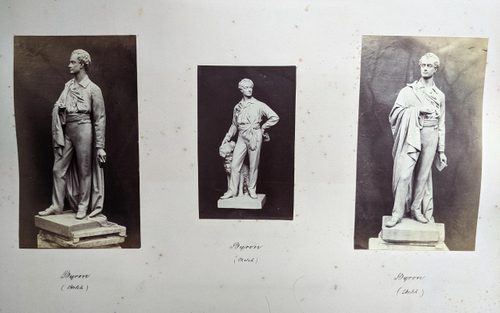 Three black and white photos of a two different figurative sculptures. They depict the same young man, who is standing casually. In one sculpture he holds the folds of a cape he is wearing in one arm. In the other, one hand rests on the head of a dog at his feet, who is looking up at him loyally.