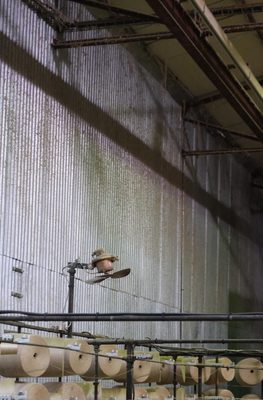 A factory for producing linen, with many large rolls of yarn waiting to be spun into linen.