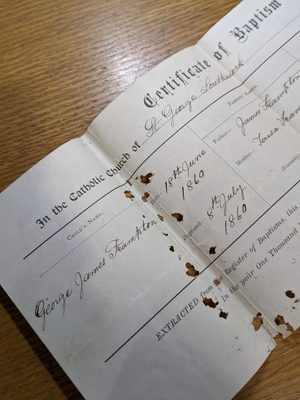 Photo of the 'Certificate of Baptism' for George James Frampton.