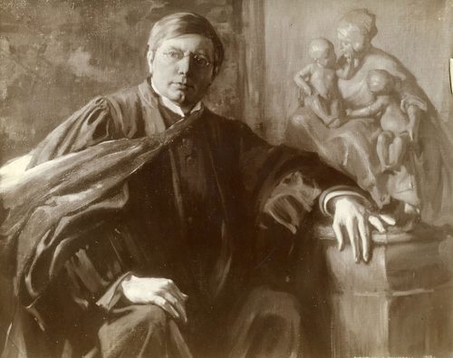 Portrait painting of a middle-aged man leaning against a small sculpture group. His clothing suggests he is a Victorian-era professor.