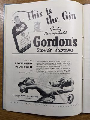 Book page showing two black and white vintage adverts. The top half advertises Gordon's Gin. The lower half shows a mermaid fountain, with the text 'Meet at the Lockheed Fountain in the Festival Gardens'.