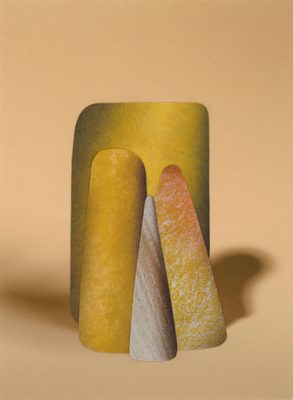 Abstract image composed of layered, stone-textured shapes on a yellow background.