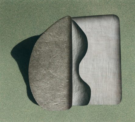 Abstract image composed of layered, stone-textured shapes on a green background.