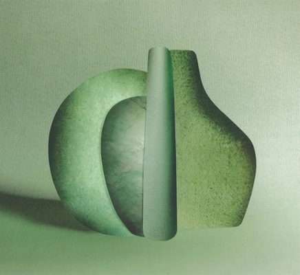 Abstract image composed of layered, stone-textured shapes on a green background. The composition bears similarities to an apple or glass bottles.
