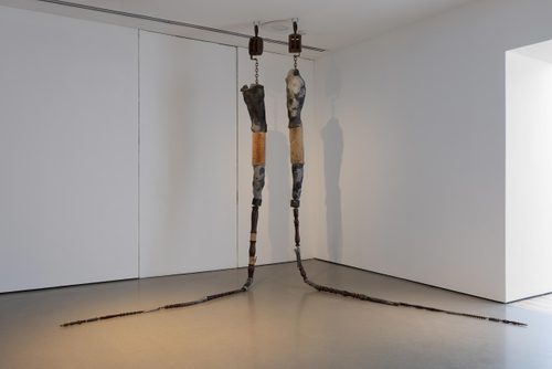 Two long, abstract sculptures suspended from rusted winches near the ceiling of a gallery. They are long and tubular in form, tapering where they rest on the floor. They made in sections with different materials, including stone, iron, palm tree, wood salvaged from furniture, and miscellaneous pieces from abandoned factories.