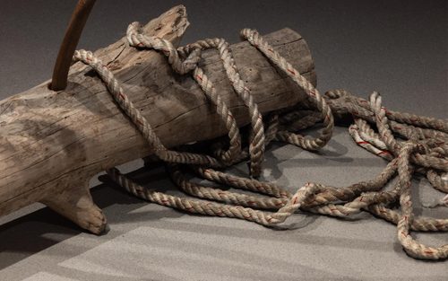 Close up image of a driftwood log with coils of rope wrapped around one end and spooling on the floor.