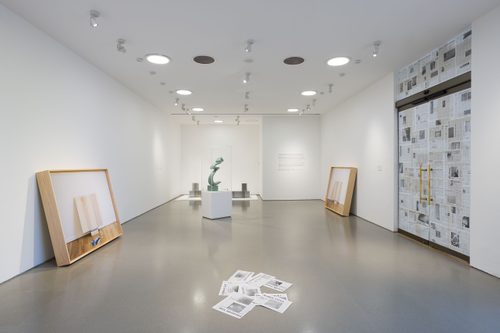 Installation view of 'The Weight of Words' exhibition, showing works in Gallery 1 by Leslie Hewitt, Mark Manders, Parviz Tanavoli and Joo Yeon Park.