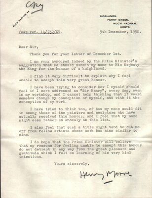 A scan of a typed letter from Henry Moore to 10 Downing Street. The text, in short, is Mr Moore turning down the offer of a Knighthood.