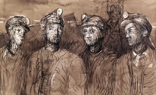 A drawing in wax crayon, pen and ink, and watercolour wash showing four miners standing in front of their pit head machinery