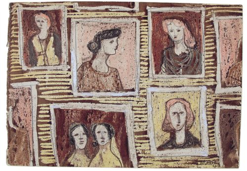 A design for textile, featuring illustrations of heads in frames. The dominant colours are brick-red, pink, white and yellow.