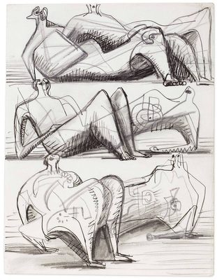 Sketches of two side-by-side abstract reclining figures, whose bodies seem to morph into each other. There are three versions of the drawing on one piece of paper, arranged one above the other. It has been made using pencil and black pen.