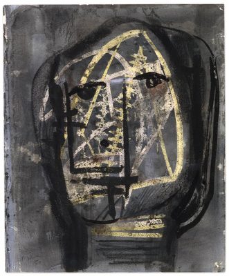 Abstract drawing of a human head, with thick black and yellow lines on a grey background.