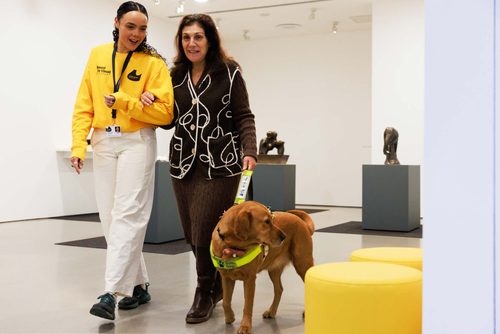 An exhibition guide in a bright yellow 'Beyond the Visual' top leads a blind visitor with a guide dog around an exhibition.