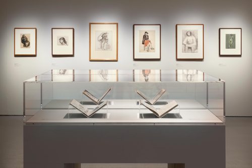 Four open sketchbooks in perspex display cases. On the walls behind there are several framed drawings of people.