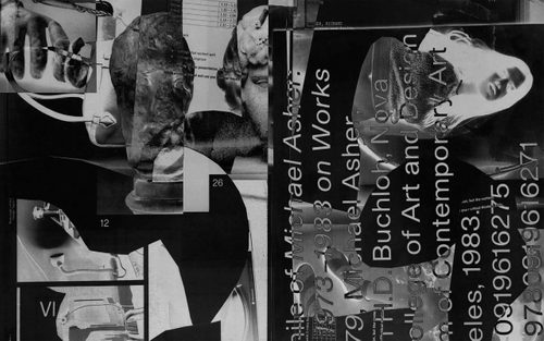 Black and white collaged artwork made up of printed material that has been cut up, overlaid and printed on top of.