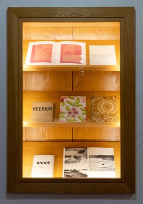 Display cabinet full of artists' books, set into a wall.
