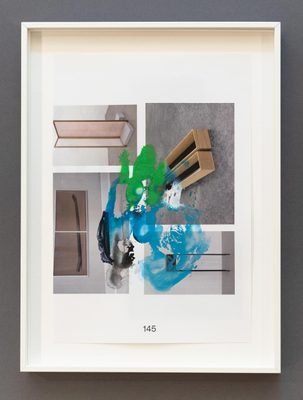 Collage of art exhibition photos with blue and green paint splotches on top, in a white frame.