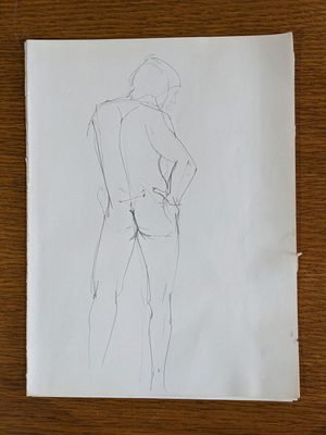 A simple line sketch by Julia Wood of a standing nude male figure, as seen from behind. He has a hand on one hip, and his face is tilted down to the right.