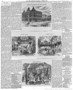 Scan of a black and white newspaper, with four architectural drawings of the exterior, gallery spaces, and staircases of Leeds Art Gallery.