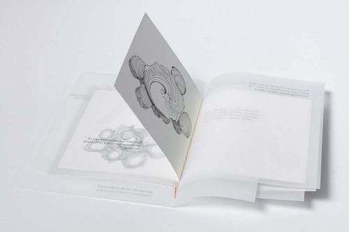 A book made of decorative line drawings on white paper and text on transparent paper, all overlapping in a haphazard way.