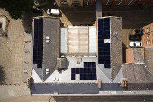 Ariel view of the Henry Moore Institute, showing the solar panels on the roof from directly above.