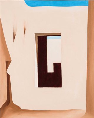 Painting by Georgia O'Keefe of a rectangular opening into an adobe building. It is bright outside, with a blue sky overhead, and contrastingly dark inside.