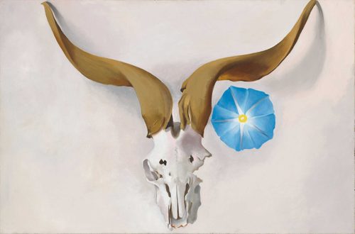 Painting by Georgia O'Keefe of a ram's skull with a blue and yellow flower next to it.